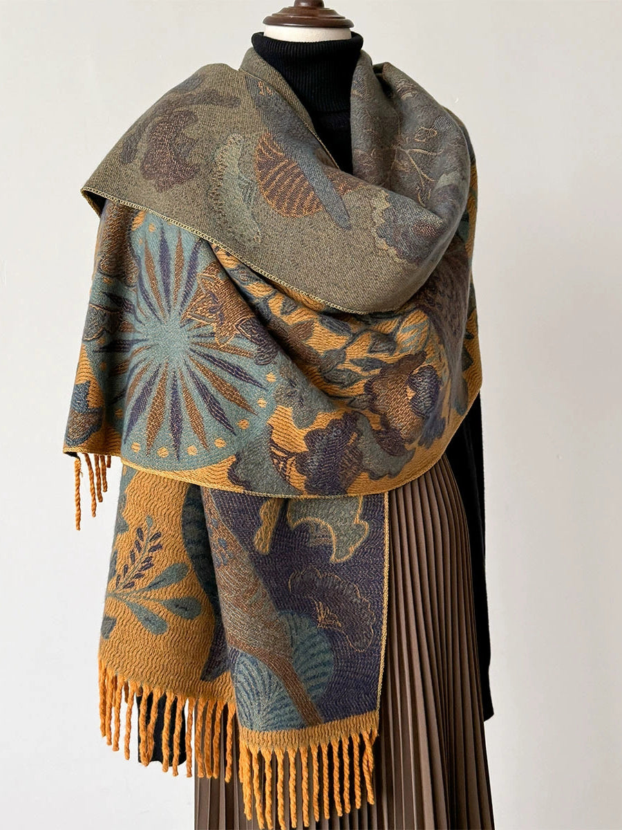 Women Ethnic Flower Winter Tassel Shawl Scarf