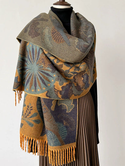 Women Ethnic Flower Winter Tassel Shawl Scarf