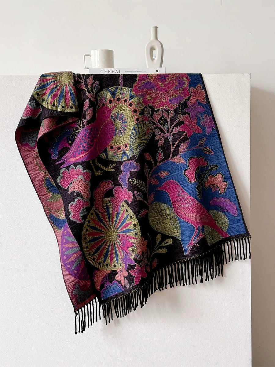 Women Ethnic Flower Winter Tassel Shawl Scarf