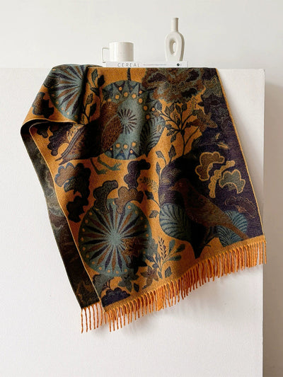 Women Ethnic Flower Winter Tassel Shawl Scarf