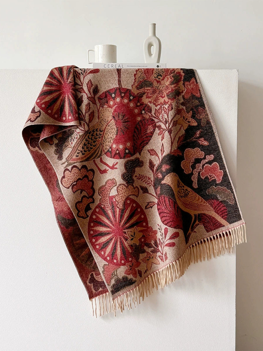 Women Ethnic Flower Winter Tassel Shawl Scarf