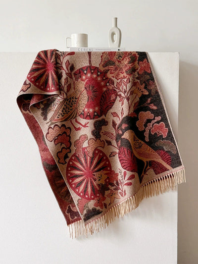 Women Ethnic Flower Winter Tassel Shawl Scarf
