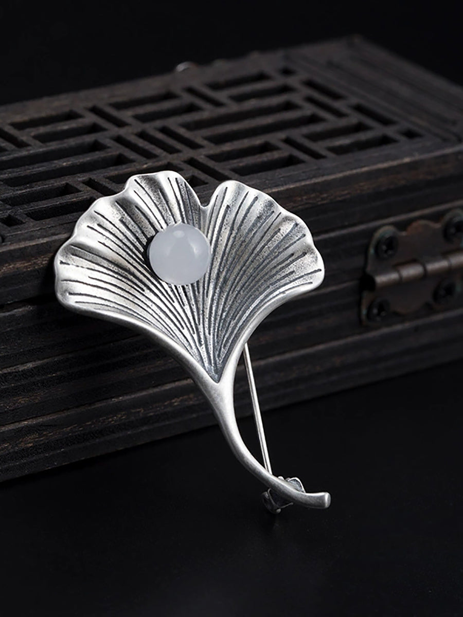 Vintage S925Silver Ginkgo Jade Brooch