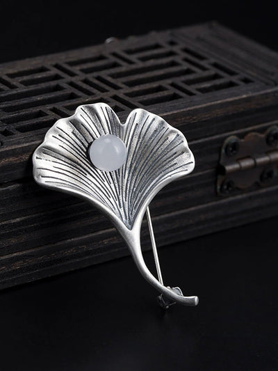 Vintage S925Silver Ginkgo Jade Brooch