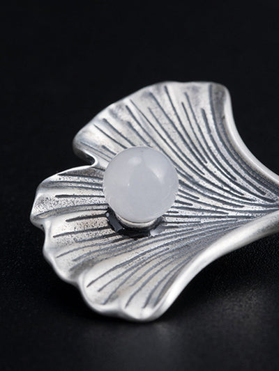 Vintage S925Silver Ginkgo Jade Brooch