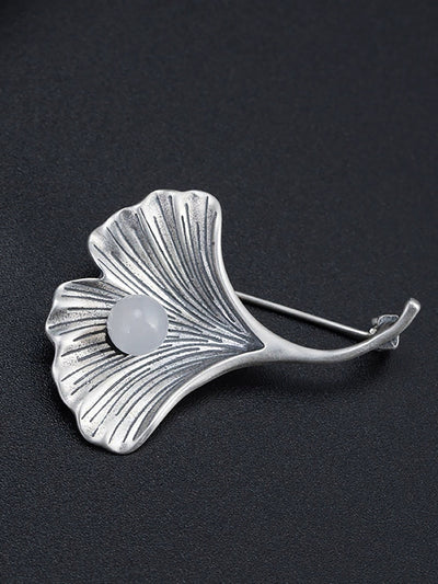 Vintage S925Silver Ginkgo Jade Brooch