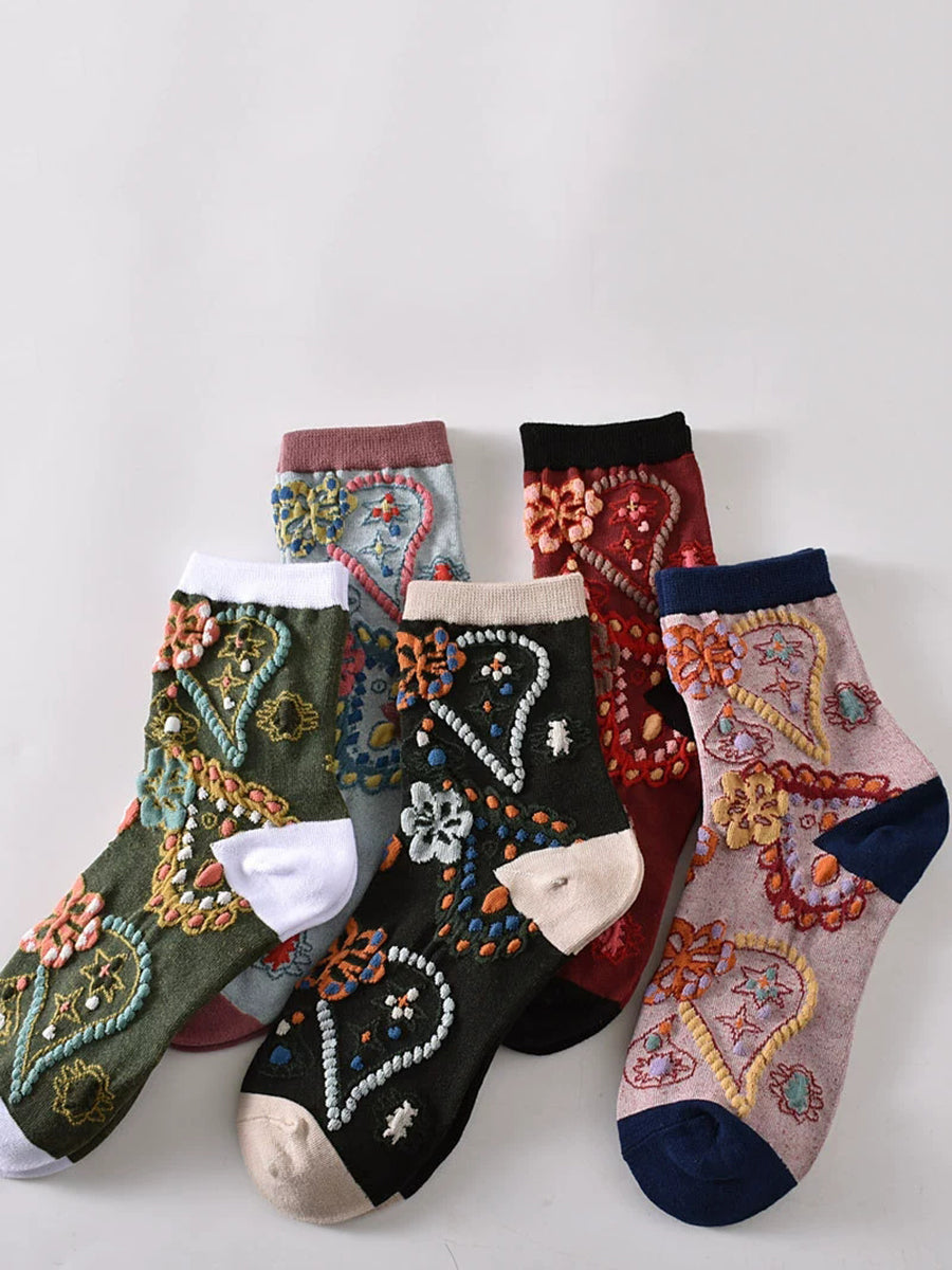 5 Pairs Women Vintage Flower Embrossment Socks