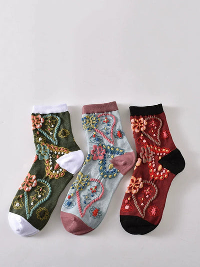 5 Pairs Women Vintage Flower Embrossment Socks