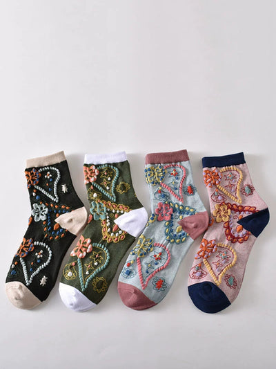 5 Pairs Women Vintage Flower Embrossment Socks