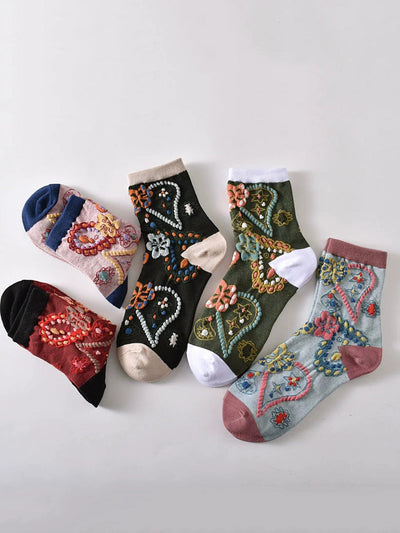 5 Pairs Women Vintage Flower Embrossment Socks