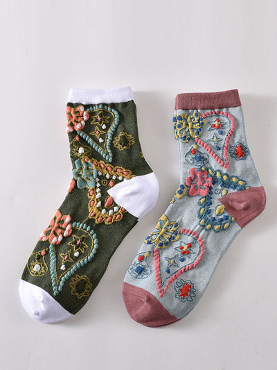 5 Pairs Women Vintage Flower Embrossment Socks