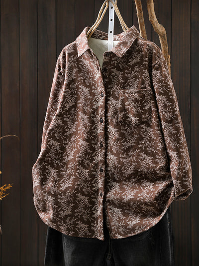 Women Winter Artsy Floral Fleece-lined 100%Cotton Shirt