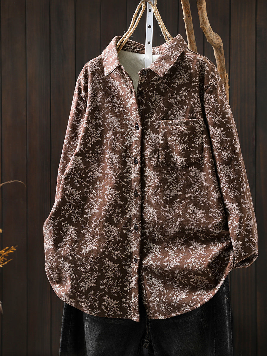 Women Winter Artsy Floral Fleece-lined 100%Cotton Shirt