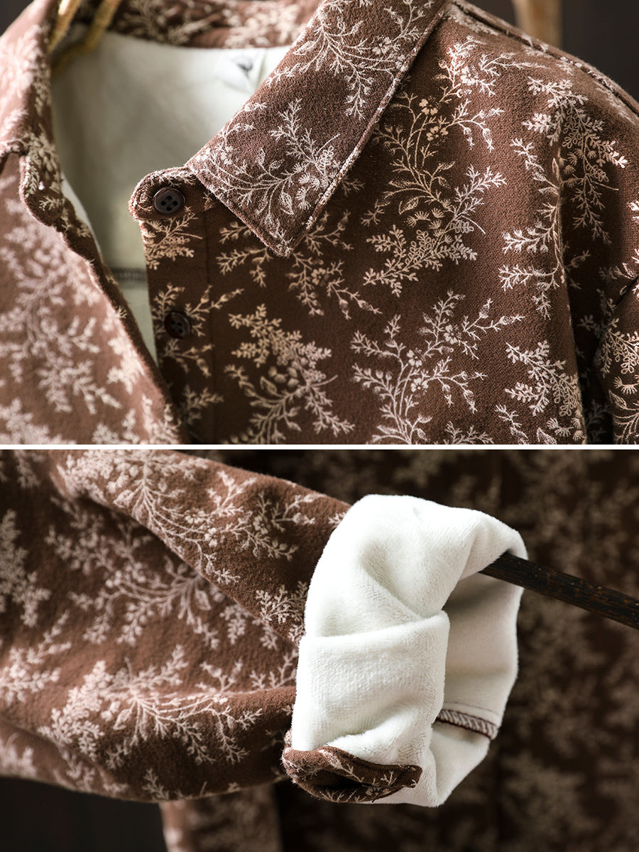Women Winter Artsy Floral Fleece-lined 100%Cotton Shirt