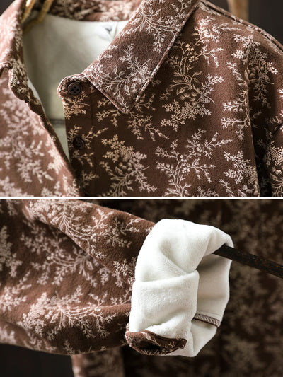 Women Winter Artsy Floral Fleece-lined 100%Cotton Shirt