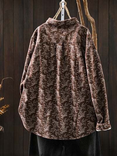 Women Winter Artsy Floral Fleece-lined 100%Cotton Shirt