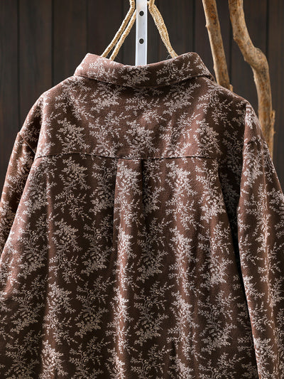 Women Winter Artsy Floral Fleece-lined 100%Cotton Shirt