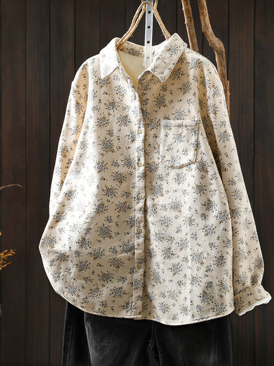 Women Winter Artsy Floral Fleece-lined 100%Cotton Shirt