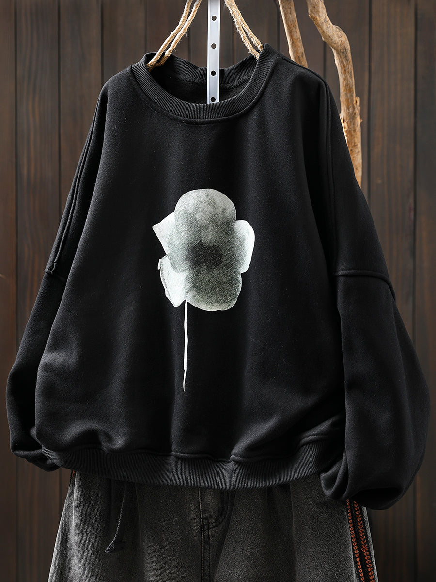 Women Artsy Pure Color Flower O-Neck Fleece-lined Blouse