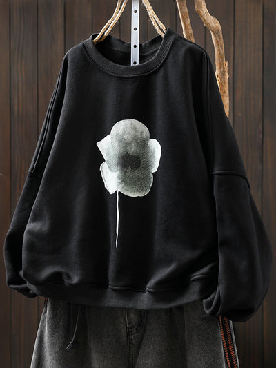 Women Artsy Pure Color Flower O-Neck Fleece-lined Blouse