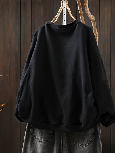 Women Artsy Pure Color Flower O-Neck Fleece-lined Blouse