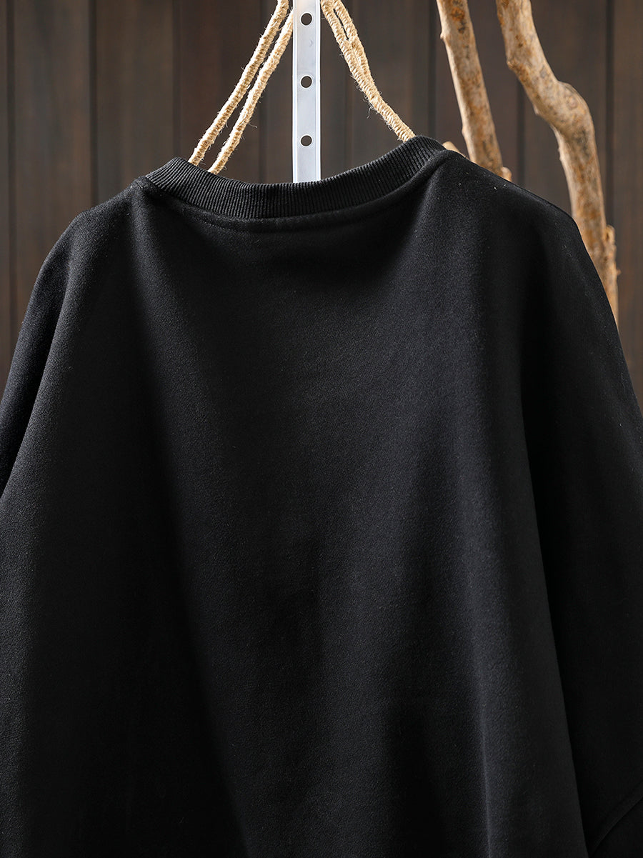 Women Artsy Pure Color Flower O-Neck Fleece-lined Blouse