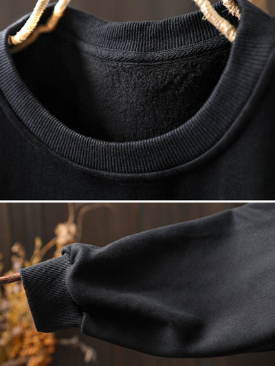 Women Artsy Pure Color Flower O-Neck Fleece-lined Blouse