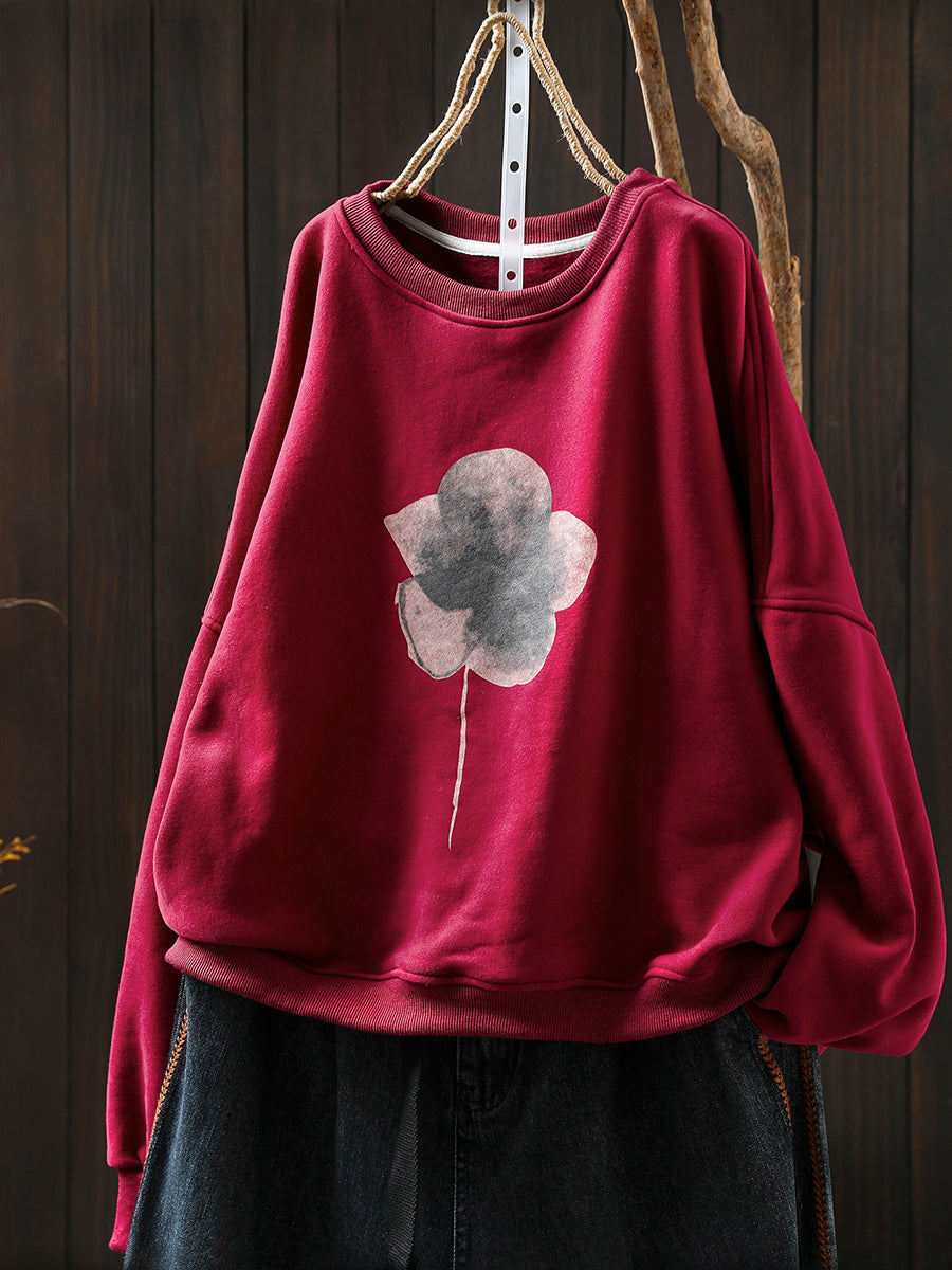 Women Artsy Pure Color Flower O-Neck Fleece-lined Blouse