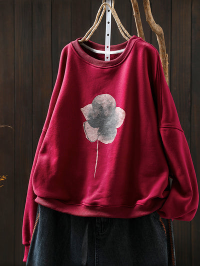 Women Artsy Pure Color Flower O-Neck Fleece-lined Blouse