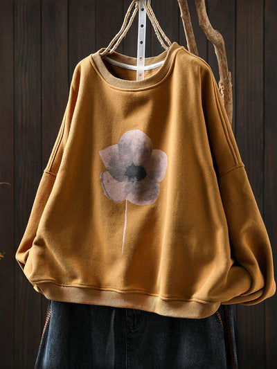 Women Artsy Pure Color Flower O-Neck Fleece-lined Blouse