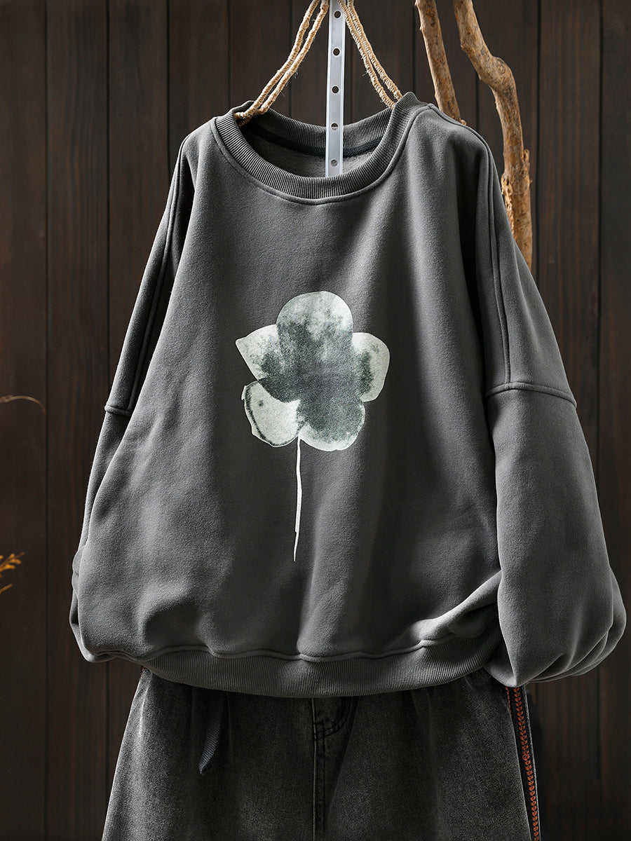 Women Artsy Pure Color Flower O-Neck Fleece-lined Blouse