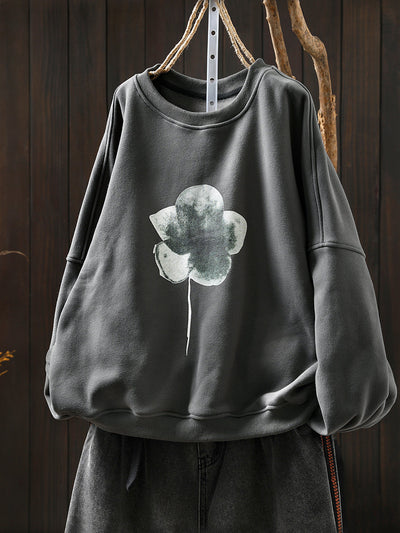 Women Artsy Pure Color Flower O-Neck Fleece-lined Blouse