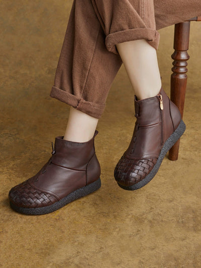 Women Winter Genuine Leather Spliced Flat Ankle Boots