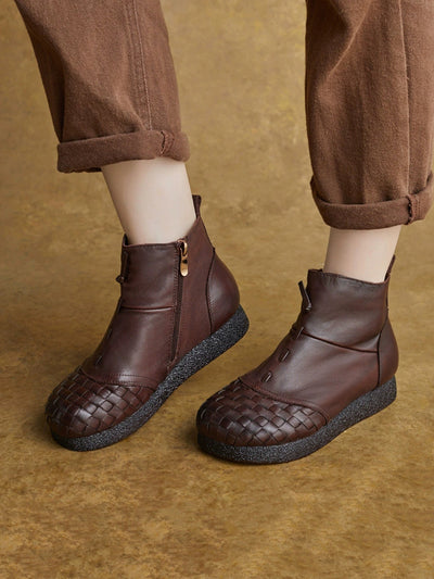 Women Winter Genuine Leather Spliced Flat Ankle Boots