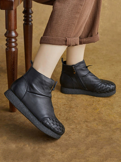 Women Winter Genuine Leather Spliced Flat Ankle Boots