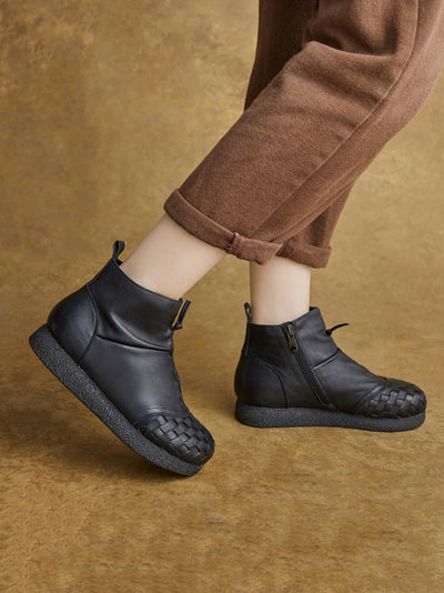 Women Winter Genuine Leather Spliced Flat Ankle Boots
