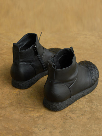 Women Winter Genuine Leather Spliced Flat Ankle Boots