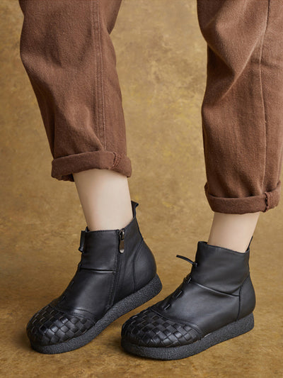 Women Winter Genuine Leather Spliced Flat Ankle Boots