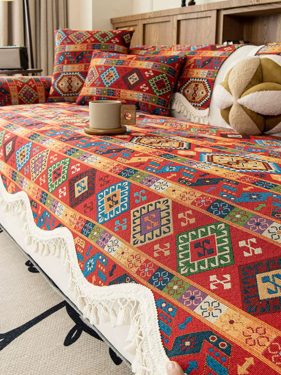 Ethnic Print Tassel Queen Bedcover Sofa Blanket