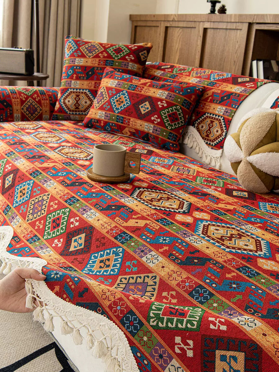 Ethnic Print Tassel Queen Bedcover Sofa Blanket