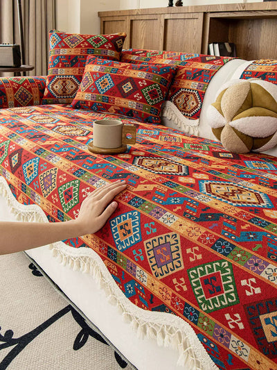 Ethnic Print Tassel Queen Bedcover Sofa Blanket