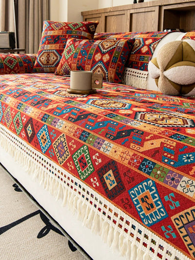 Ethnic Print Tassel Queen Bedcover Sofa Blanket