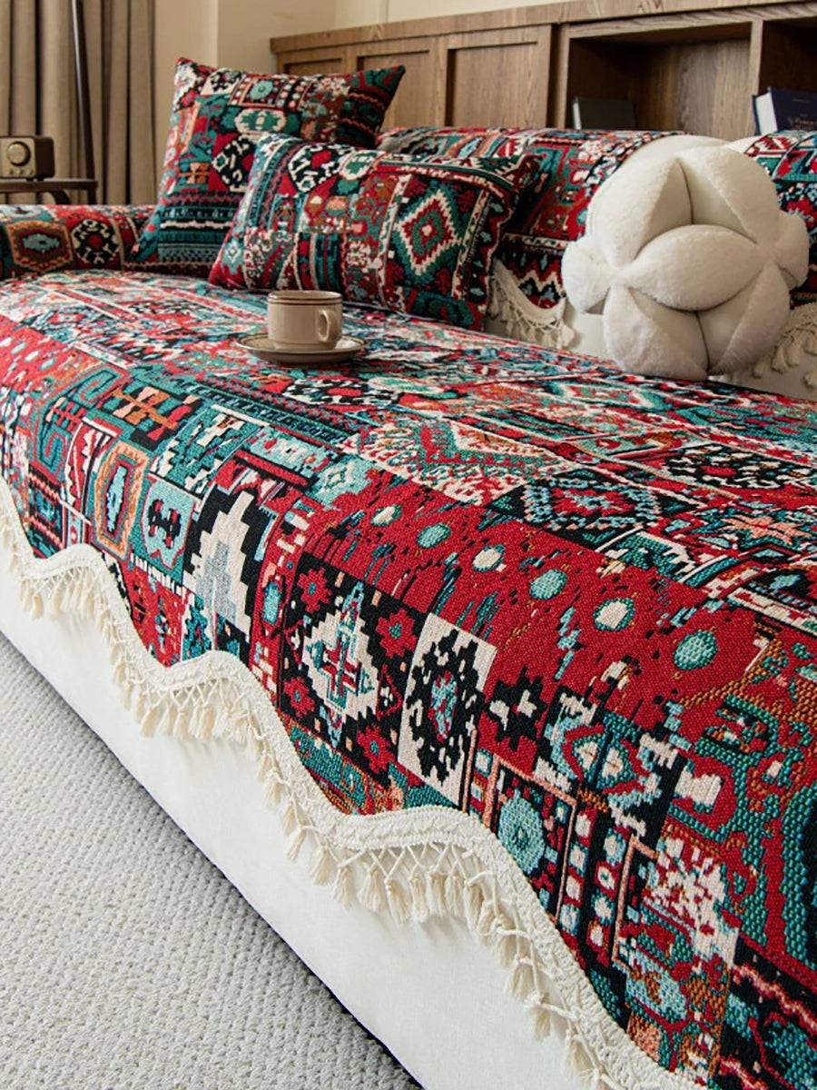 Ethnic Print Tassel Queen Bedcover Sofa Blanket