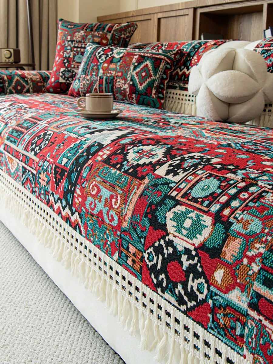 Ethnic Print Tassel Queen Bedcover Sofa Blanket