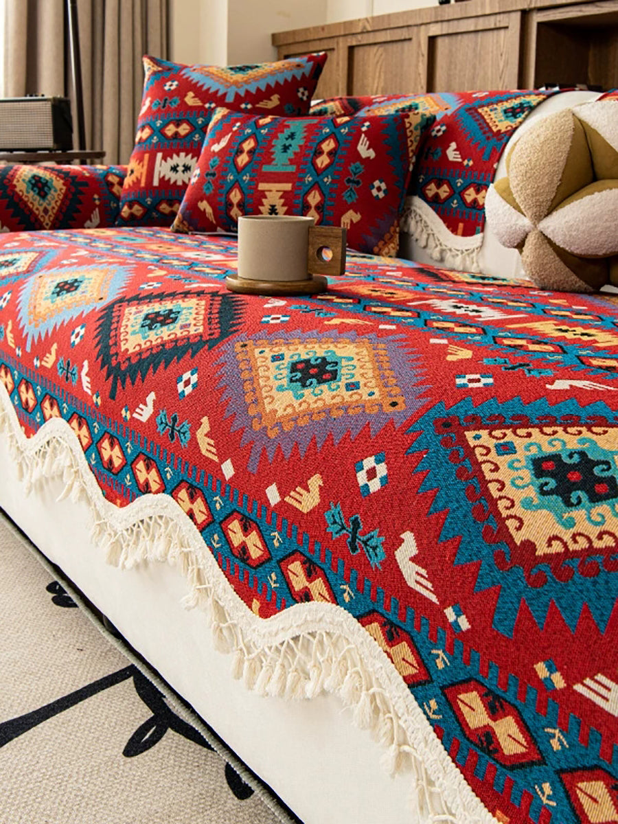 Ethnic Print Tassel Queen Bedcover Sofa Blanket