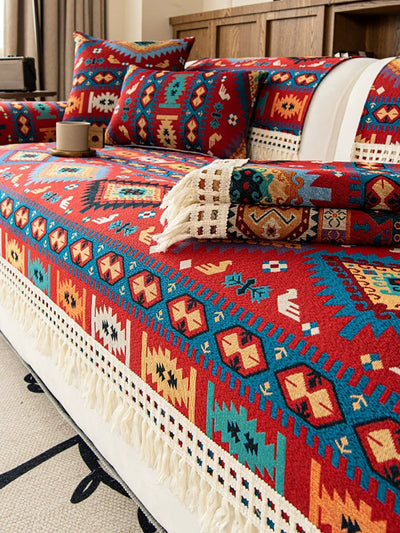 Ethnic Print Tassel Queen Bedcover Sofa Blanket