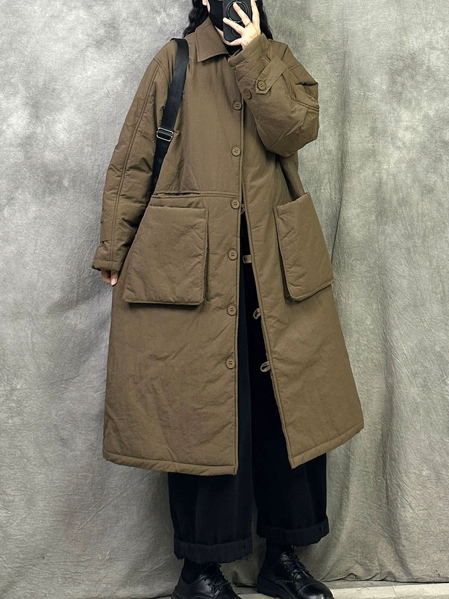 Women Winter Pure Color Padded Turn-down Collar Long Coat