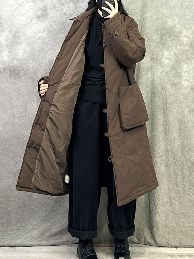 Women Winter Pure Color Padded Turn-down Collar Long Coat