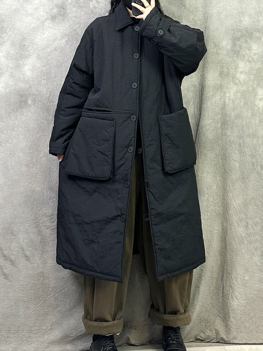 Women Winter Pure Color Padded Turn-down Collar Long Coat