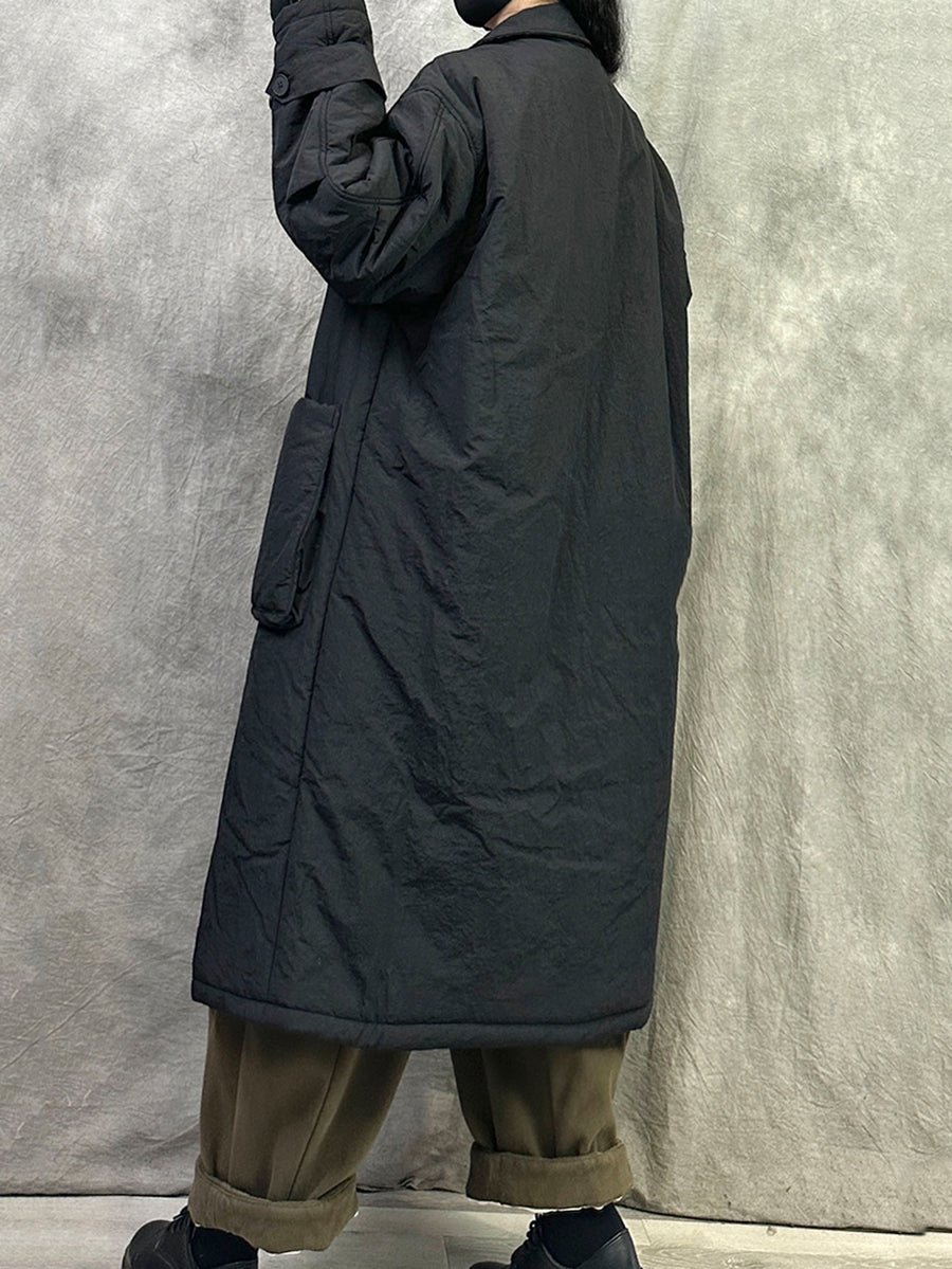 Women Winter Pure Color Padded Turn-down Collar Long Coat